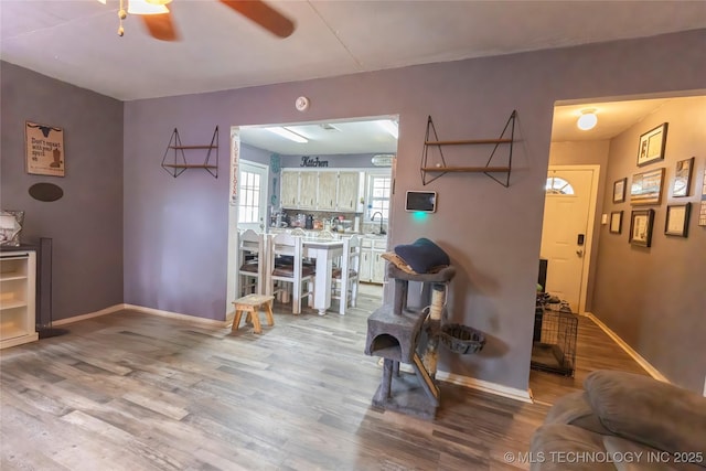 interior space featuring ceiling fan, baseboards, and wood finished floors