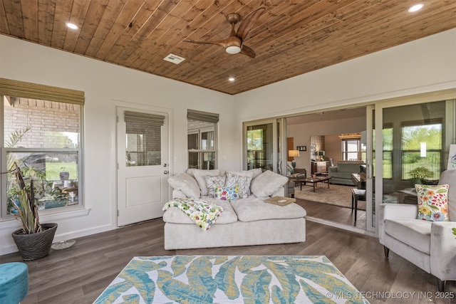 18576 N Jamestown Ave, Skiatook, OK 74070 - living area with wood ceiling, wood finished floors, a ceiling fan, and recessed lighting