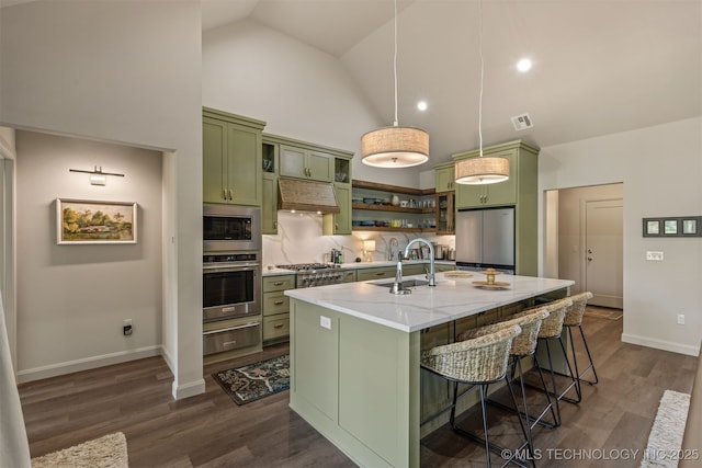 18576 N Jamestown Ave, Skiatook, OK 74070 - kitchen with high vaulted ceiling, stainless steel appliances, green cabinets, and a warming drawer
