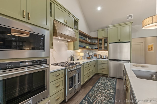 18576 N Jamestown Ave, Skiatook, OK 74070 - kitchen with green cabinetry, light countertops, stainless steel appliances, and visible vents