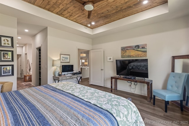 18576 N Jamestown Ave, Skiatook, OK 74070 - bedroom featuring wood finished floors, a tray ceiling, baseboards, wooden ceiling, and recessed lighting
