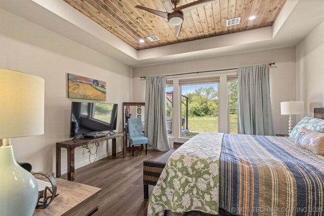 18576 N Jamestown Ave, Skiatook, OK 74070 - bedroom featuring visible vents, a raised ceiling, wooden ceiling, access to outside, and dark wood-style floors