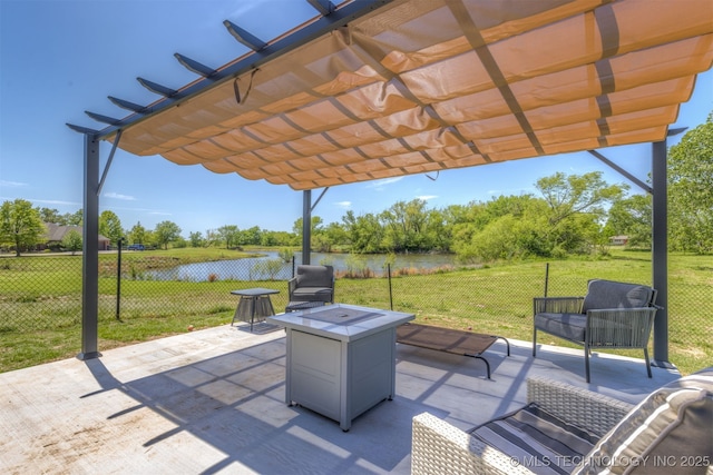 18576 N Jamestown Ave, Skiatook, OK 74070 - view of patio with an outdoor fire pit, fence, a water view, and a pergola