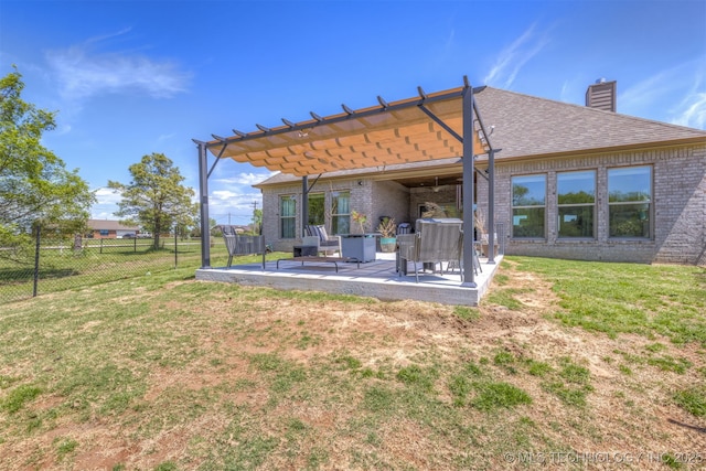 18576 N Jamestown Ave, Skiatook, OK 74070 - back of house with a chimney, a pergola, fence, brick siding, and a patio area