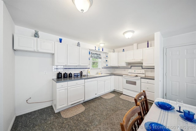 857 Bayshore Dr, Sand Springs, OK 74063 - kitchen featuring white appliances, a sink, open shelves, white cabinets, and dark countertops