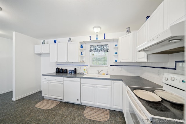 857 Bayshore Dr, Sand Springs, OK 74063 - kitchen with white appliances, open shelves, a sink, under cabinet range hood, and dark countertops