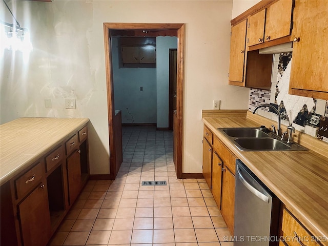 109 Ash Ave, Fort Gibson, OK 74434 - kitchen featuring stainless steel dishwasher, a sink, visible vents, decorative backsplash, and light tile patterned floors