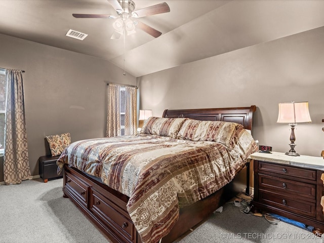 bedroom featuring light colored carpet, baseboards, visible vents, a ceiling fan, and lofted ceiling