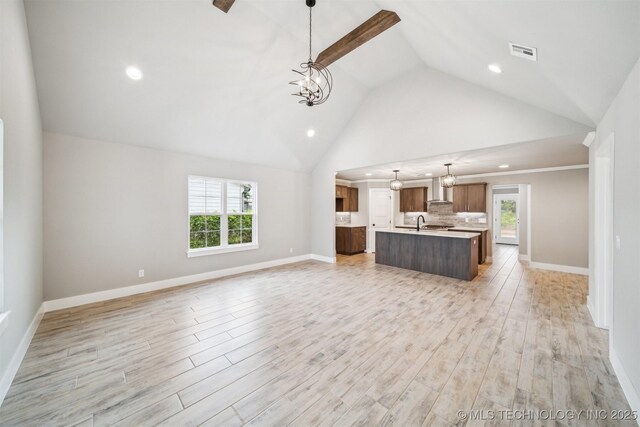 919 E 11th St, Claremore, OK 74017 - kitchen with open floor plan, light countertops, a kitchen island with sink, a chandelier, and recessed lighting
