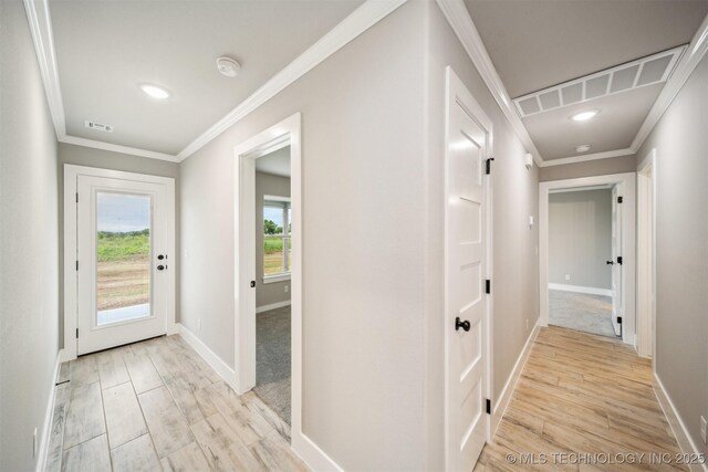919 E 11th St, Claremore, OK 74017 - corridor with light wood-style flooring, baseboards, crown molding, and recessed lighting