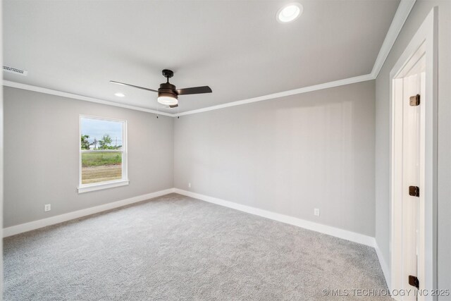 919 E 11th St, Claremore, OK 74017 - carpeted empty room featuring ornamental molding, a ceiling fan, baseboards, and recessed lighting