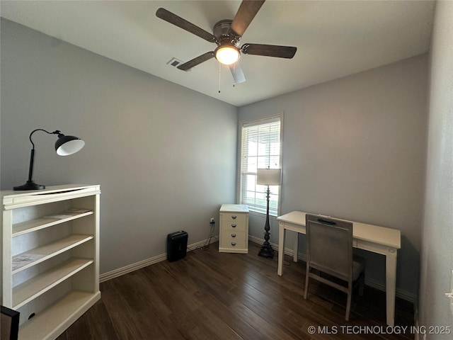 office space with baseboards, a ceiling fan, and dark wood-style floors