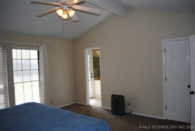 bedroom featuring lofted ceiling with beams, baseboards, a ceiling fan, and carpet