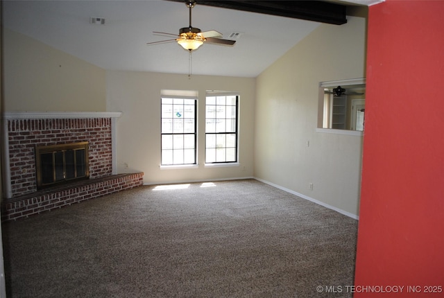 unfurnished living room with vaulted ceiling with beams, visible vents, a ceiling fan, a fireplace, and carpet floors