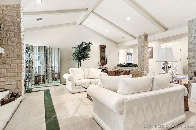 749 Brookhollow Ln, Bartlesville, OK 74006 - living area with vaulted ceiling with beams, decorative columns, visible vents, carpet, and recessed lighting