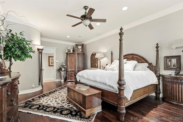 749 Brookhollow Ln, Bartlesville, OK 74006 - bedroom featuring recessed lighting, baseboards, crown molding, and dark wood-style floors