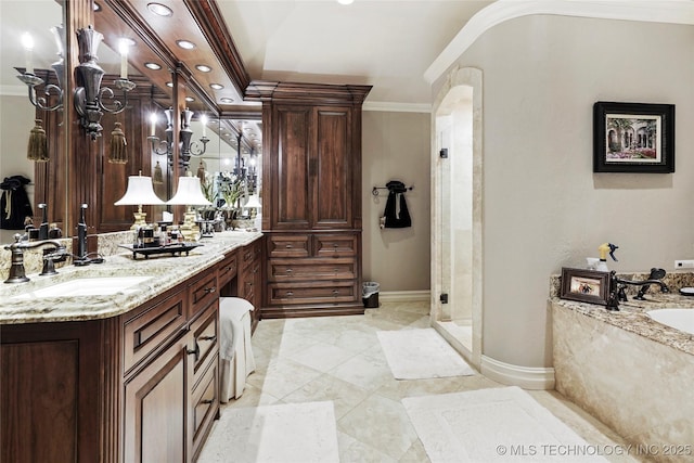 749 Brookhollow Ln, Bartlesville, OK 74006 - bathroom featuring recessed lighting, baseboards, vanity, and a stall shower