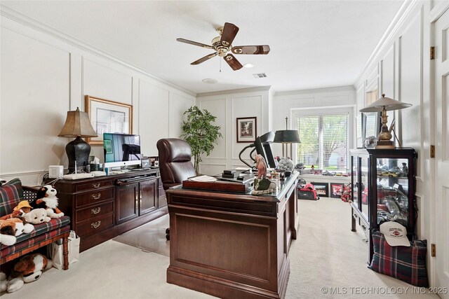 749 Brookhollow Ln, Bartlesville, OK 74006 - office with ceiling fan, a decorative wall, visible vents, and light carpet