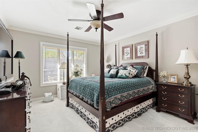 749 Brookhollow Ln, Bartlesville, OK 74006 - carpeted bedroom with ceiling fan, baseboards, ornamental molding, and visible vents