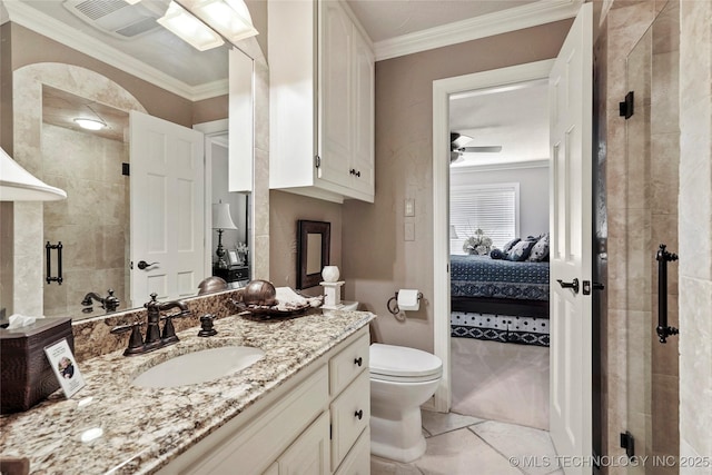 749 Brookhollow Ln, Bartlesville, OK 74006 - full bathroom featuring a shower stall, ensuite bathroom, vanity, ceiling fan, and ornamental molding