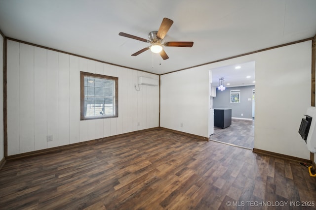 interior space featuring a wall mounted air conditioner, a ceiling fan, heating unit, baseboards, and dark wood-type flooring