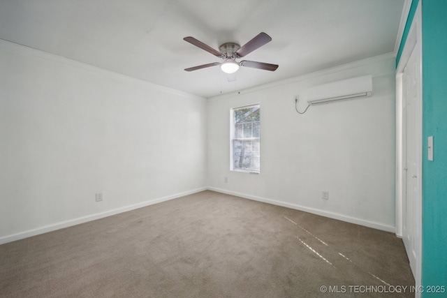 unfurnished room featuring carpet, an AC wall unit, a ceiling fan, ornamental molding, and baseboards