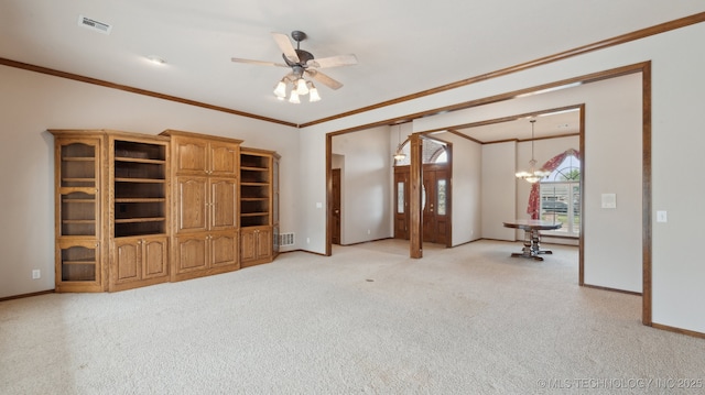 unfurnished living room featuring visible vents, baseboards, light carpet, and ceiling fan with notable chandelier