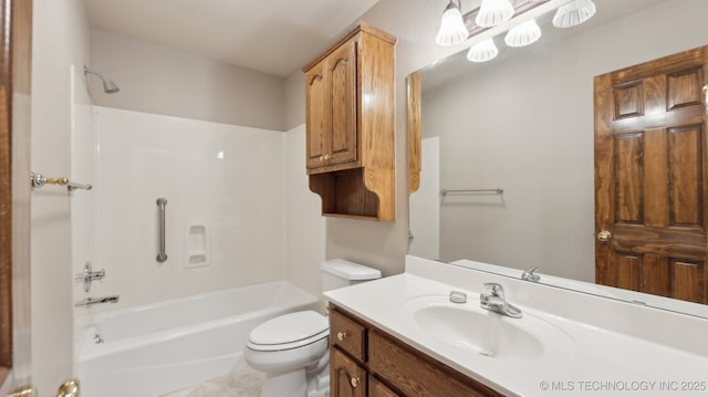 full bathroom featuring shower / bath combination, toilet, and vanity