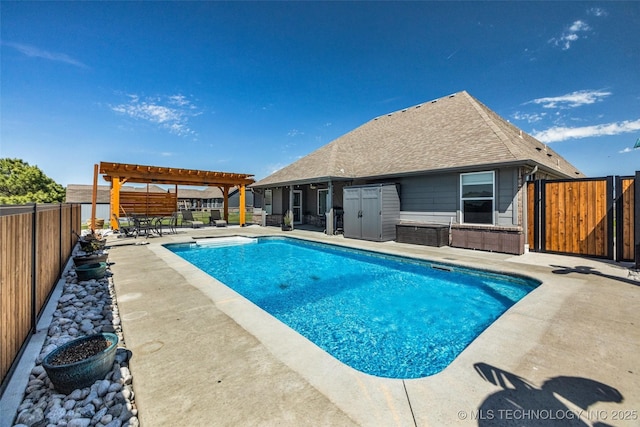 view of pool featuring a pergola, a fenced in pool, a fenced backyard, and a patio