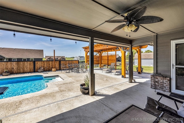 view of swimming pool featuring a ceiling fan, a fenced in pool, a fenced backyard, and a patio