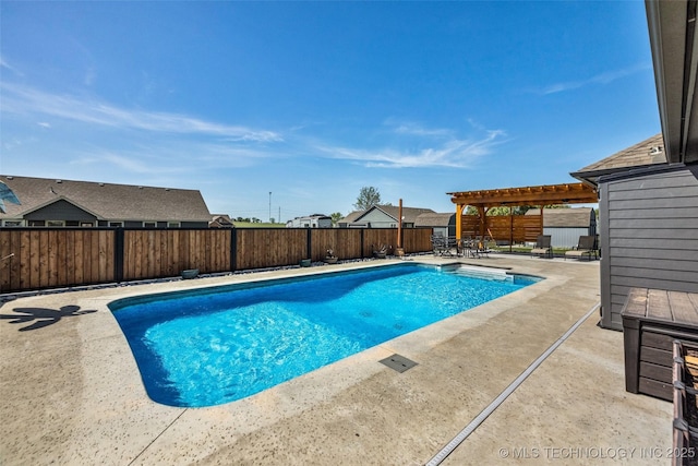 view of swimming pool featuring a pergola, a fenced in pool, a fenced backyard, and a patio