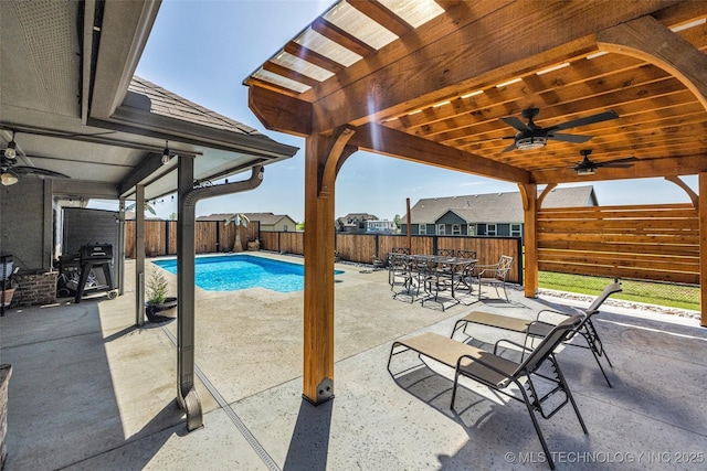 view of pool featuring a ceiling fan, a patio, outdoor dining space, and a fenced backyard