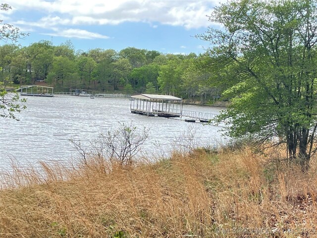 view of dock featuring a water view and a wooded view