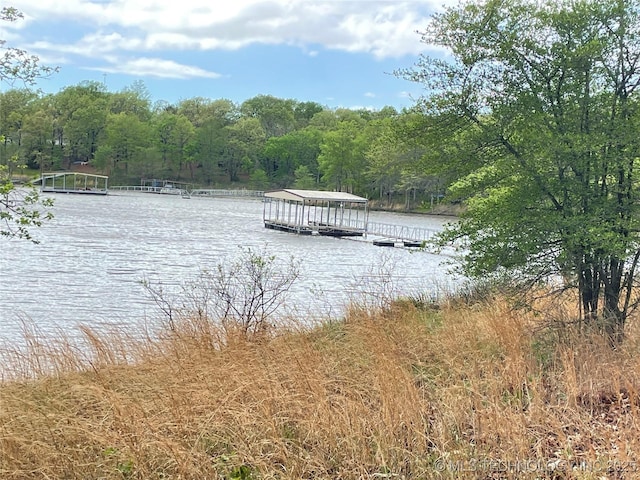view of dock featuring a water view and a wooded view