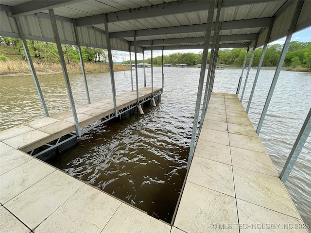 dock area featuring boat lift and a water view