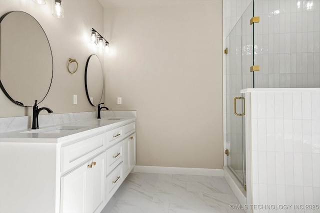 4231 W 4th St, Skiatook, OK 74070 - full bathroom with marble look tiles, double vanity, and a shower stall