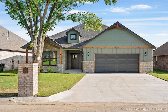 4231 W 4th St, Skiatook, OK 74070 - craftsman inspired home with board and batten siding, driveway, an attached garage, a front lawn, and brick siding