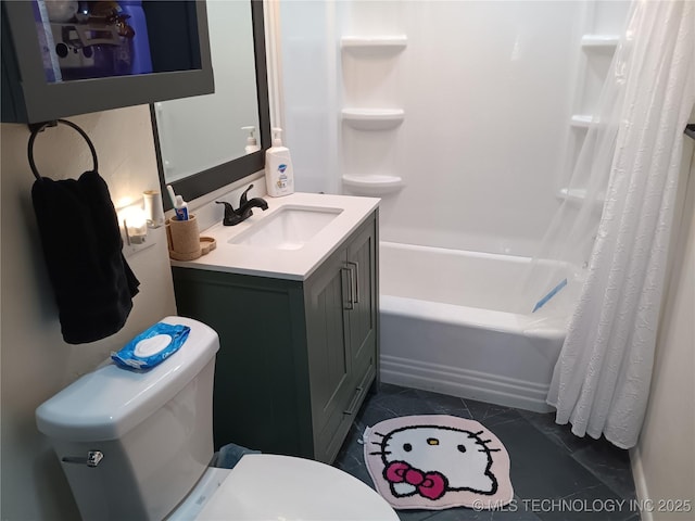 full bathroom featuring toilet, vanity, shower / tub combo, and tile patterned floors