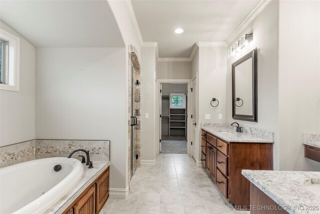 bathroom with a stall shower, vanity, a garden tub, and plenty of natural light