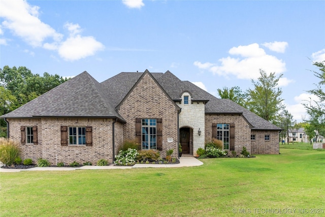 french country style house with a shingled roof, a front lawn, and brick siding