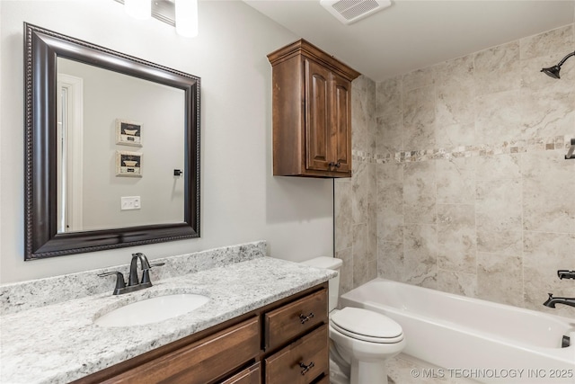 full bath featuring visible vents, toilet, vanity, and shower / tub combination