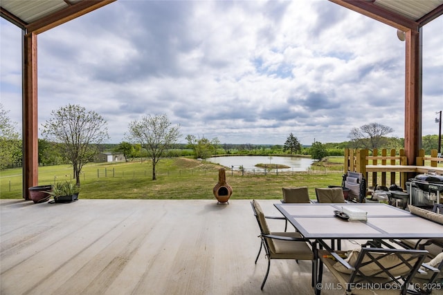 3633 Sawmill, Caddo, OK 74729 - view of patio / terrace featuring outdoor dining space, a water view, and fence