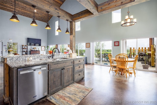 3633 Sawmill, Caddo, OK 74729 - kitchen featuring beamed ceiling, stainless steel dishwasher, a high ceiling, and a sink
