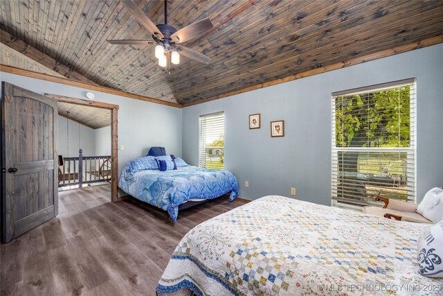 3633 Sawmill, Caddo, OK 74729 - bedroom featuring lofted ceiling, a ceiling fan, wood ceiling, and dark wood-style flooring