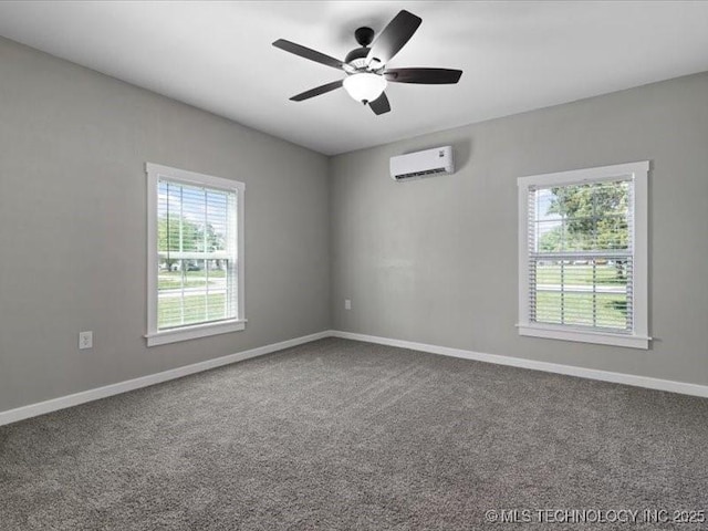 322 W Seneca St, Nowata, OK 74048 - carpeted empty room featuring a wall mounted air conditioner, a ceiling fan, and baseboards