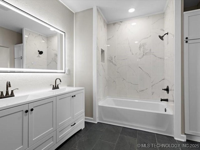 322 W Seneca St, Nowata, OK 74048 - bathroom featuring recessed lighting, double vanity, shower / bathtub combination, and a sink