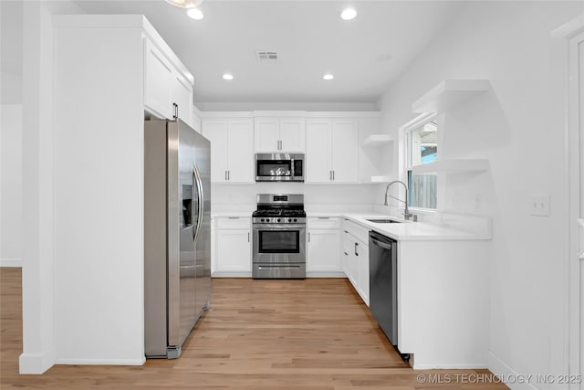 924 S Allegheny Ave, Tulsa, OK 74112 - kitchen featuring light wood finished floors, stainless steel appliances, white cabinets, a sink, and visible vents
