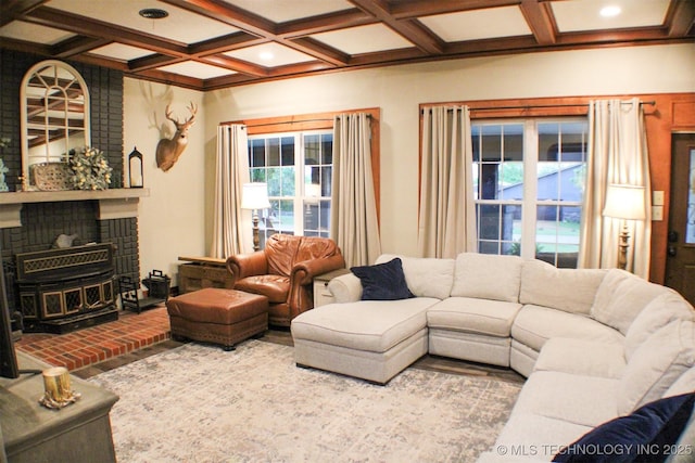 9996 N Millennium, Sulphur, OK 73086 - living room featuring beam ceiling, recessed lighting, and coffered ceiling