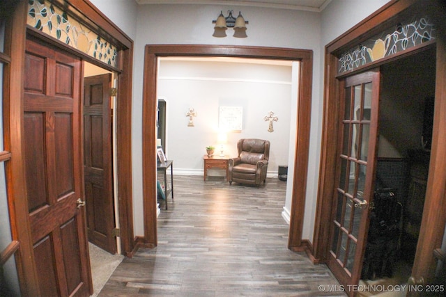 9996 N Millennium, Sulphur, OK 73086 - hall with crown molding, a chandelier, french doors, baseboards, and wood finished floors