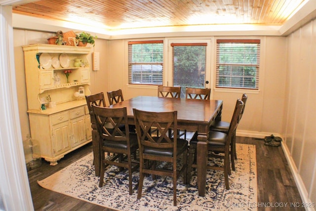 9996 N Millennium, Sulphur, OK 73086 - dining room featuring wood ceiling, dark wood finished floors, and baseboards